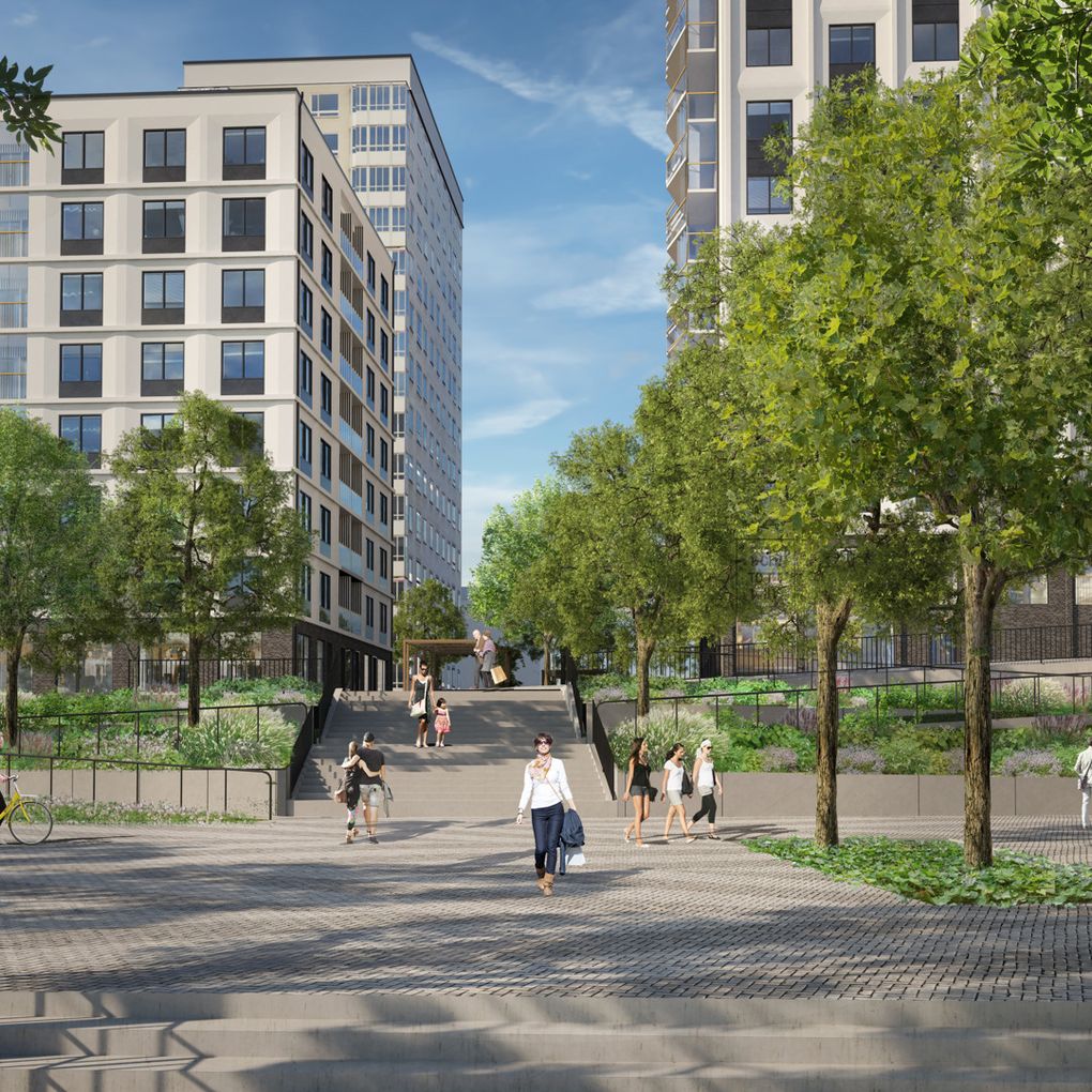 Illustration på torgets entré med grönska och en trappa upp mot de nya husen.