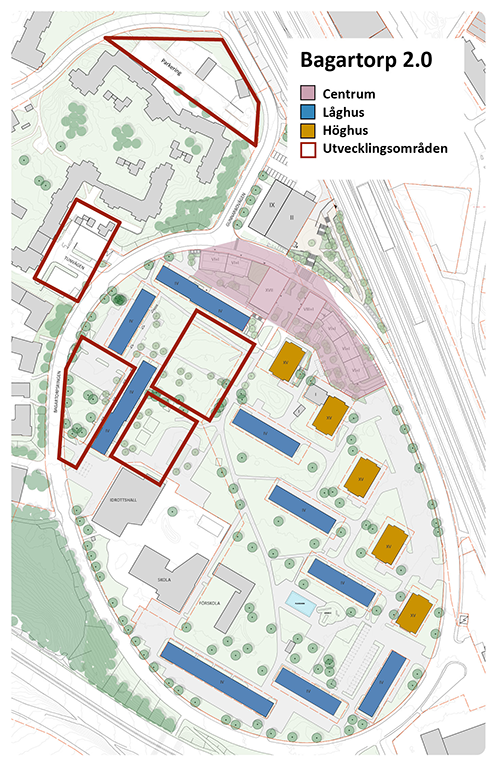 Karta över Bagartorp som markerar utvecklingsområden.