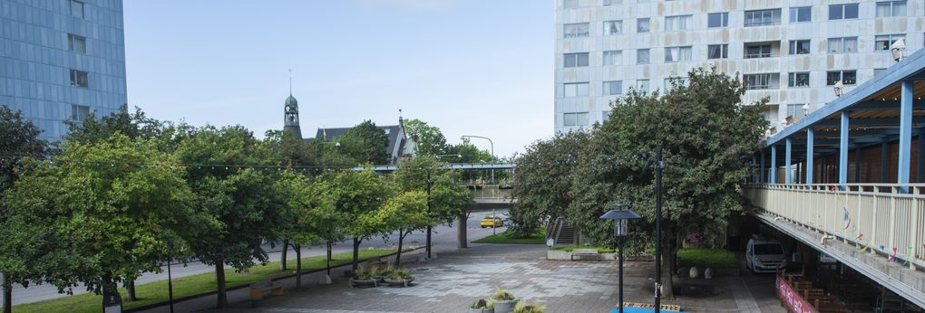 Blått höghus och en väg med grönska.