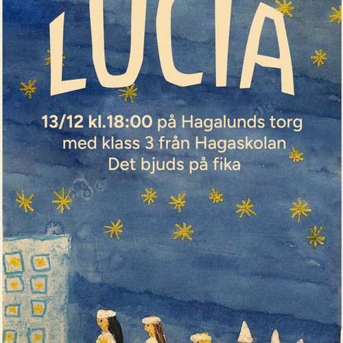 Tecknad bild på ett Luciatåg och ett högre flerfamiljshus på affisch med inbjudan till Lucia.