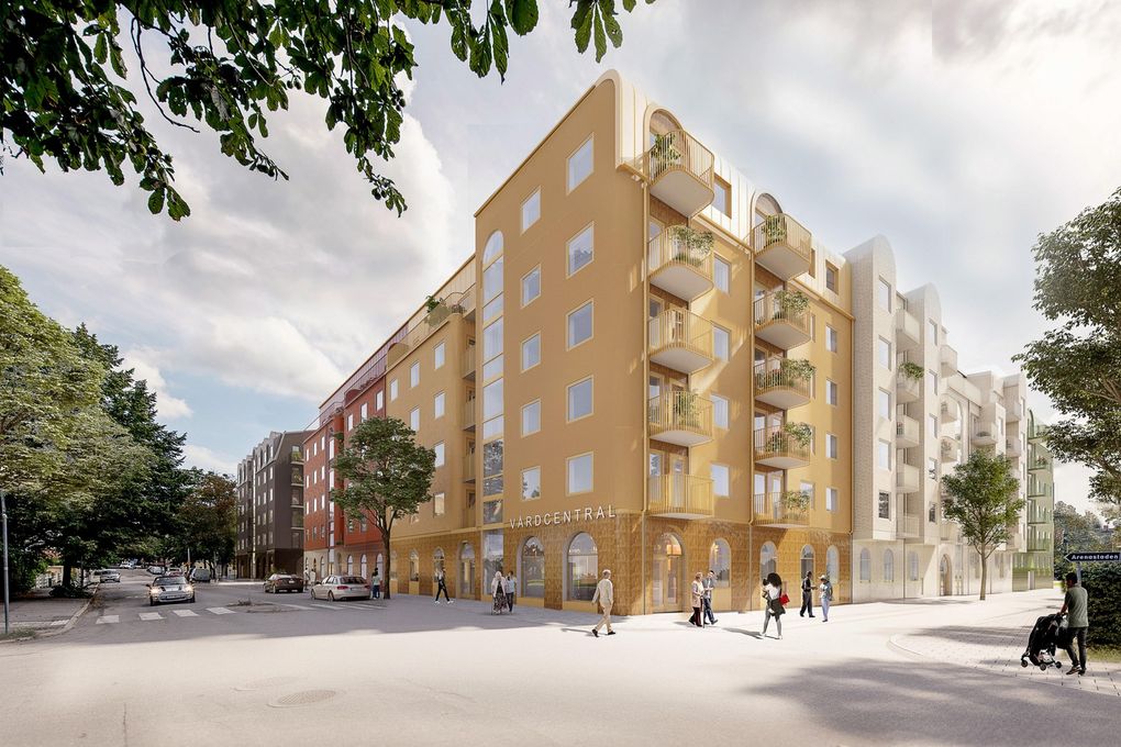 Visionsbild över nya kvarteret Bollen med ett hus i gul nyans sett från gatan och människor som rör sig på gatorna.